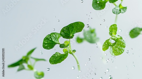 Crispy watercress leaves with droplets suspended in mid-air against a spotless white background