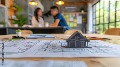 A small house model sits on blueprints, with a couple discussing plans in the background.
