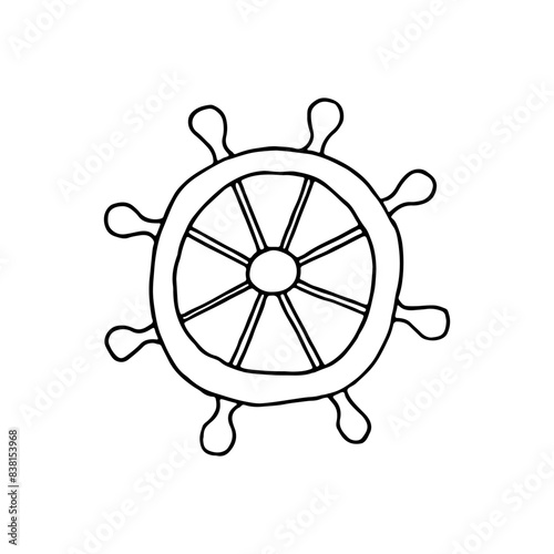 The helm of a ship, sea vessel. Steering motor. Wooden ship wheel. Doodle. Vector illustration. Hand drawn.