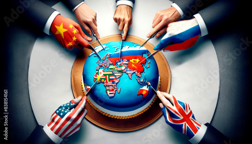 Hands of politicians from the America, China, Great Britain, Russia share a cake with a world map with a knife. Geopolitical division of the world, multipolarity, conspiracy theories photo