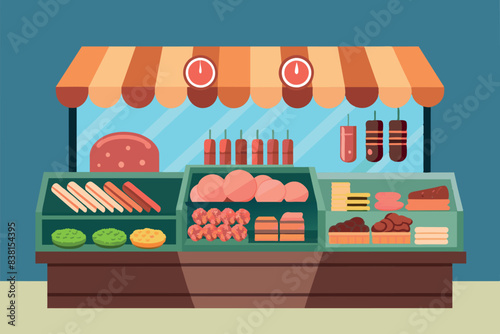 A market stall with a variety of products.  On the counter are different types of meat such as sausages, steaks and possibly minced meat. There are also different types of bread, vegetables such as ca
