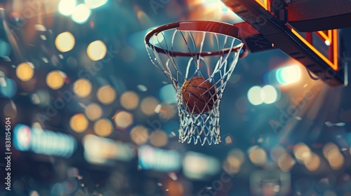 Dynamic basketball scene, ball swishing through net close up. Orange basket ball goes into sport hoop closeup. Competitive concepts. Excitement and energy of successful. Team win game. Active action. © Ellionn
