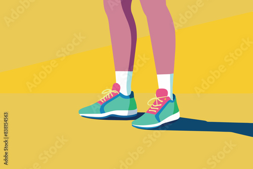 the bottoms of a man's feet, wearing multicolored sneakers with stripes. He is standing on the edge of the sidewalk next to a brick wall. The background includes a yellow and blue striped texture, 
