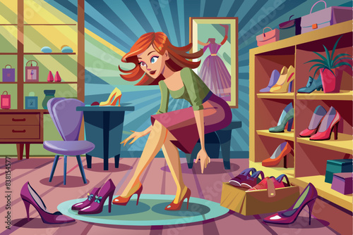 a girl trying on shoes in a store. she sits leaning over to try on a purple high-heeled shoe. Around him are boxes and pairs of shoes of different styles and colors, indicating a wide selection.