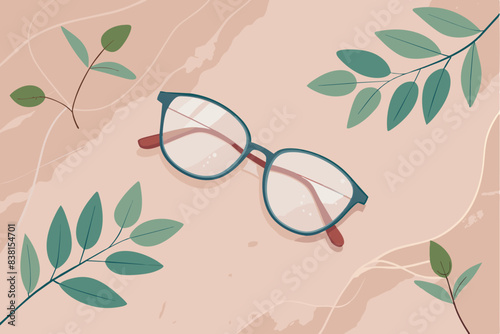 A pair of glasses with the reflection of palm leaves on the lenses. They lie on a surface which, is decorated with abstract shapes and colors. Green leaves can be seen around them, creating a tropical