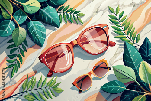 A pair of glasses with the reflection of palm leaves on the lenses. They lie on a surface which, is decorated with abstract shapes and colors. Green leaves can be seen around them, creating a tropical