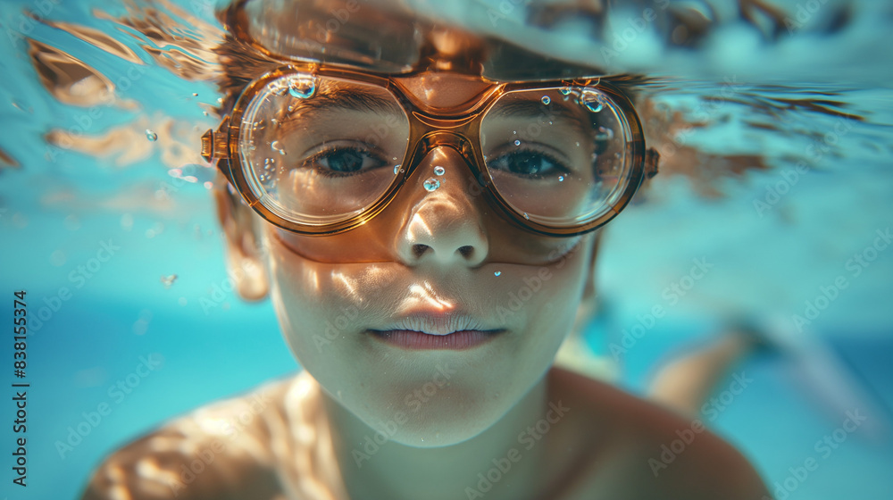 Underwater View of Young Boy Having Fun in the Swimming Pool with Goggles. Joyful Childhood Activity, Summer Recreation, and Water Sport Enthusiasm Underwater View of Young Boy Having Fun in the Swimming Pool with Goggles. Joyful Childhood Activity, Summer Recreation, and Water Sport Enthusiasm