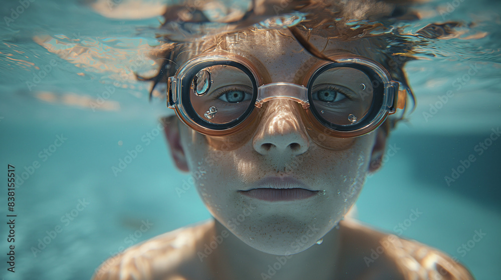 Naklejka premium Underwater View of Young Boy Having Fun in the Swimming Pool with Goggles. Joyful Childhood Activity, Summer Recreation, and Water Sport Enthusiasm