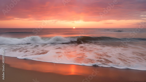 A beautiful sunset on the beach, with waves crashing onto the shore and clouds in shades of orange and pink.