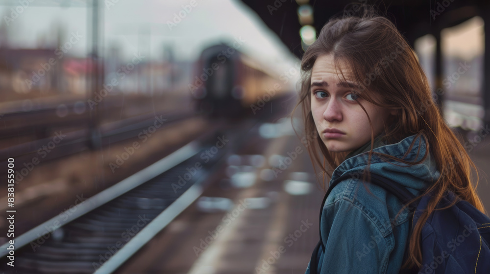 Fototapeta premium A pensive girl at a train station with a distant train signaling parting ways.