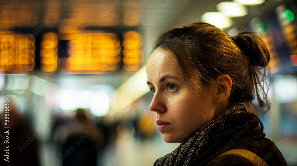 Pensive young woman in a bustling train station. Pensive young woman in a bustling train station.