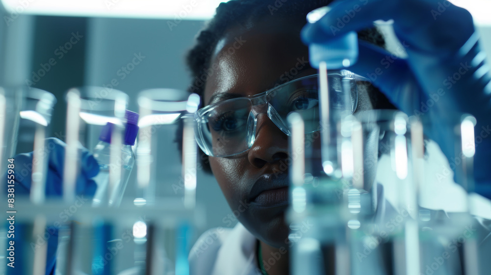 Intense close-up of a scientist's eyes as she examines a test tube in a futuristic lab environment. Intense close-up of a scientist's eyes as she examines a test tube in a futuristic lab environment.