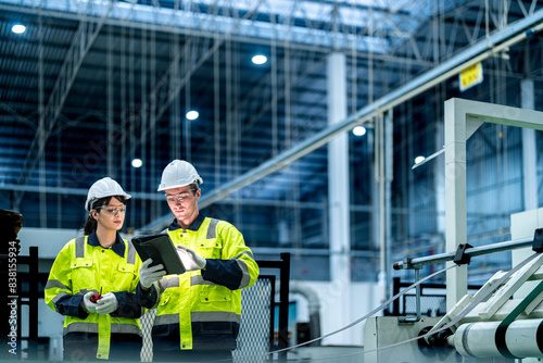 Male and female engineers in neat work clothes prepare and control the production system of large modern machines in a factory producing industrial technology products. photo
