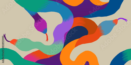 Exotic hand drawn abstract snakes pattern. Dynamic fashionable print. Vector template for design. 