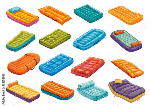 Cartoon inflatable mattress, air orthopedic mattresses and swimming pillow colourful float rubber bed mat for sea swim aqua relaxation pool party summertime set vector illustration