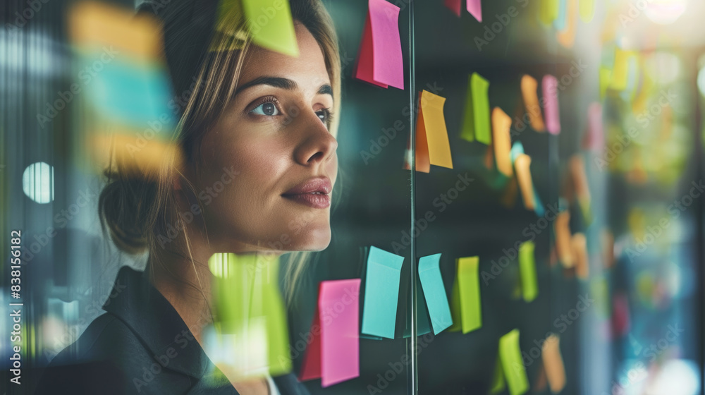 Businesswoman with strategic focus studies colorful sticky notes on glass wall. Businesswoman with strategic focus studies colorful sticky notes on glass wall.
