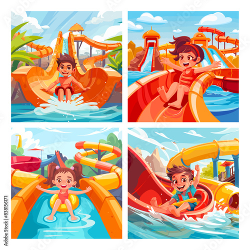 Cartoon kids in aquapark, child aqua park summer fun amusement children jumping water slides splashing attraction boy girl swim play hotel playground scenes set vector illustration