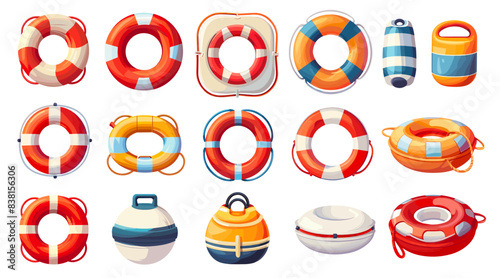 Cartoon lifebuoys, inflatable rubber rings and float buoy for safety swim, nautical ship security emergency preserver sea sos survival tube set vector illustration