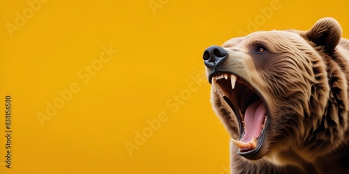 A bear with an open mouth, showing its sharp teeth against a vibrant yellow background photo