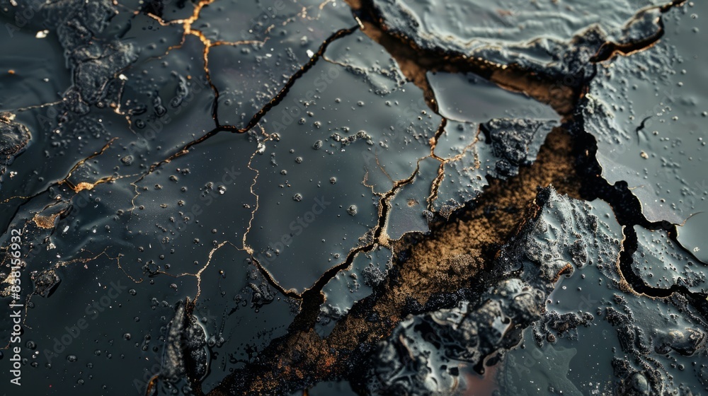 Fototapeta premium Crude oil spills on the ground cause pollution. generative ai