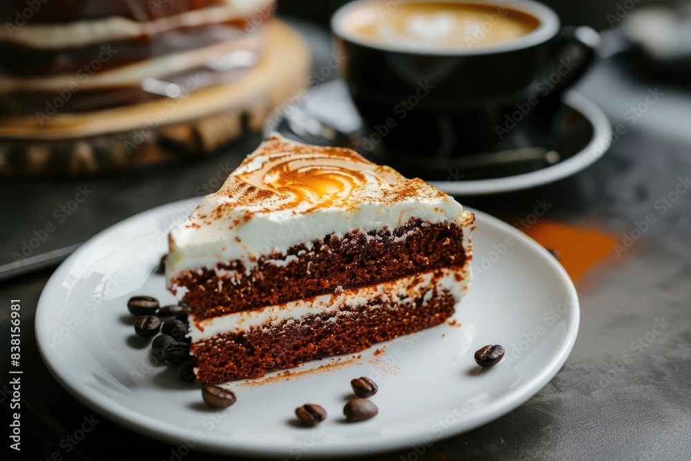 Delicious slice of chocolate cake with creamy frosting served on a white plate, next to a cup of coffee on a rustic wooden table. Delicious slice of chocolate cake with creamy frosting served on a white plate, next to a cup of coffee on a rustic wooden table.