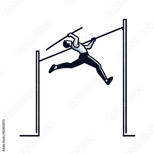 Vector illustration of pole vaulter jumping to compete on white background, minimalist style.