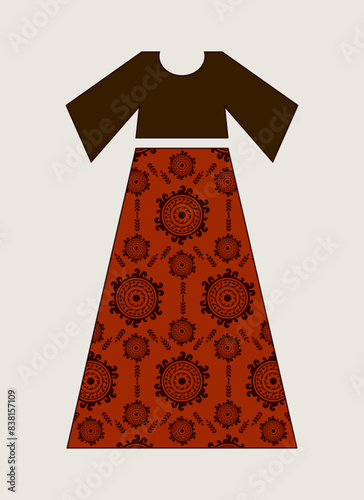 Vector illustration of Long ethnic frock maxi prom dress details for various occasions and events,lady fashion party frock silhouette of casual summer lawn dress, mandala pattern frock print for lady