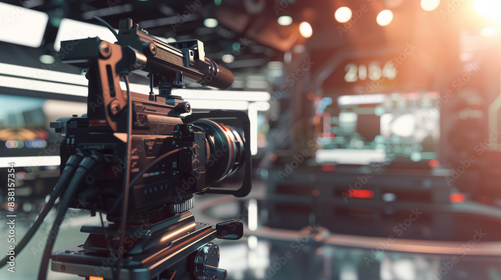 Professional video camera setup in a modern broadcast studio, lights and technology close-up. Professional video camera setup in a modern broadcast studio, lights and technology close-up.
