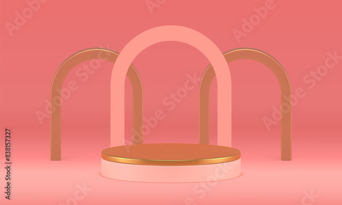 3d pink golden podium pedestal with arch wall background for presentation realistic vector