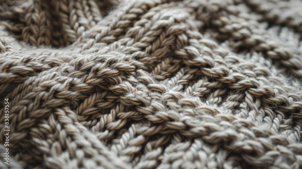 Close-up on the cozy twists of a beige knit material. Close-up on the cozy twists of a beige knit material.