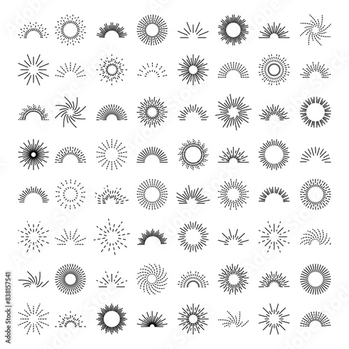 Set vintage sunburst. Bursting rays sunrise firework. Vector illustration