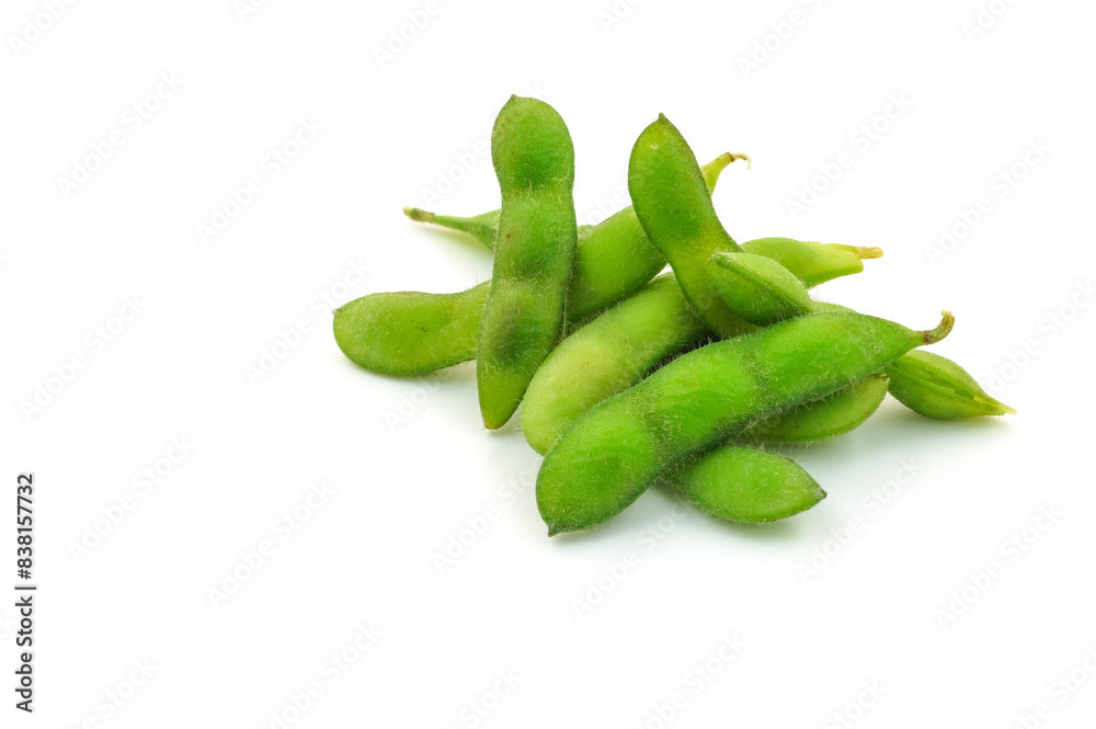 Fresh edamame soybeans and pods isolated on white background. Fresh edamame soybeans and pods isolated on white background.