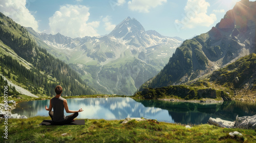 Tranquility personified as a woman meditates by a serene mountain lake.