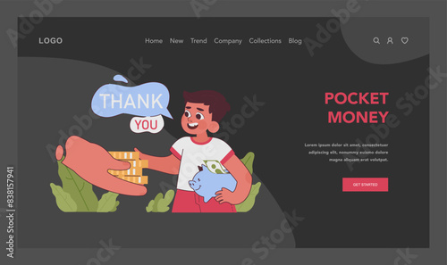 Pocket money dark or night mode web, landing. Delighted boy receives