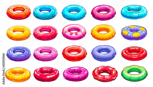 Colourful inflatable rings, cartoon rubber swim ring for pool or summer sea beach, child swimming toy floating round lifesaver multicolor tube vector illustration