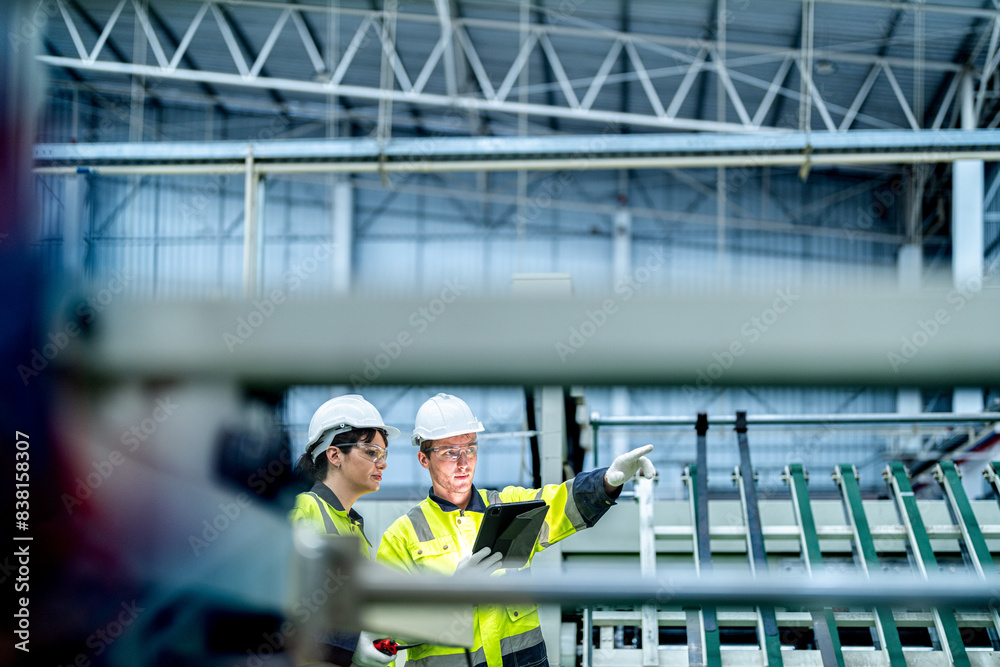 Fototapeta premium Male and female engineers in neat work clothes prepare and control the production system of large modern machines in a factory producing industrial technology products.