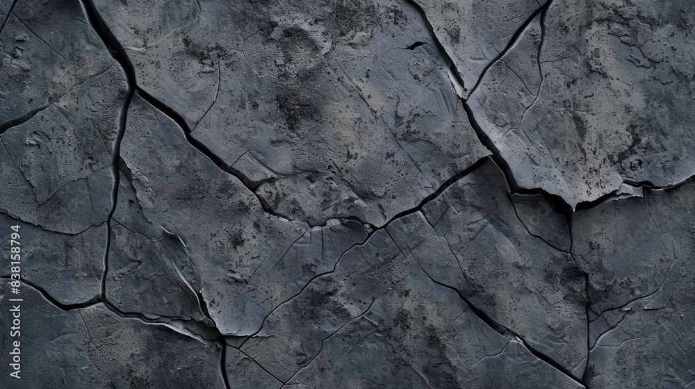 Fototapeta premium Abstracted view of a cracked concrete wall, creating a dark, textural landscape of lines and shadows.