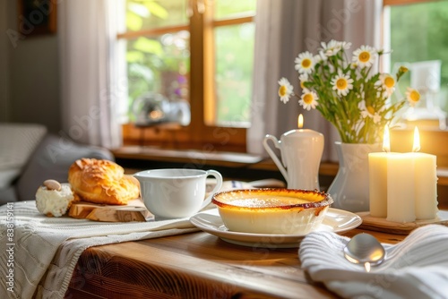 Wallpaper Mural Cozy breakfast setup with candles, flowers, a cup of tea, and pastries on a wooden table by a sunlit window. Torontodigital.ca