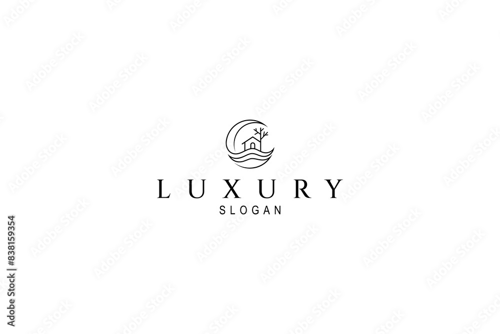 Obraz premium House logo on the moon in line art design style, Dream house logo vector