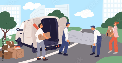 Movers at work. Delivery service. Family moving to new home. Workers loading furniture into truck. People carrying things boxes. Loaders holding sofa. Garish vector relocation concept