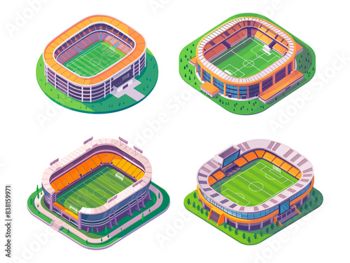 Isometric stadiums. Cartoon sport stadium, soccer championship arena football court game in ball match tournament playground three-dimensional exterior set vector illustration