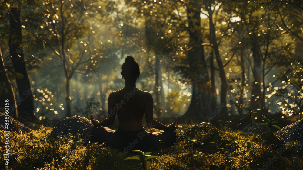 Backlit silhouette of a person meditating amidst a mystical forest scene.