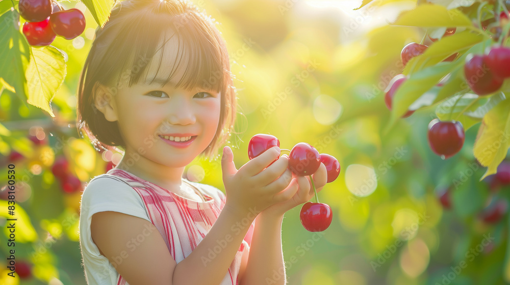 Young child enjoying cherries in a lush orchard Young child enjoying cherries in a lush orchard