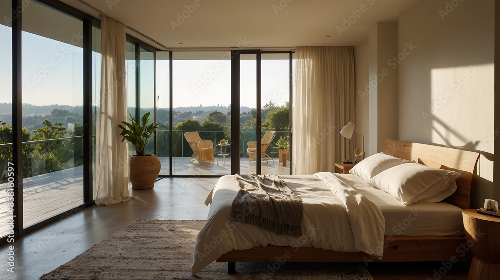 A large sunny room with wide top background views A large sunny room with wide top background views