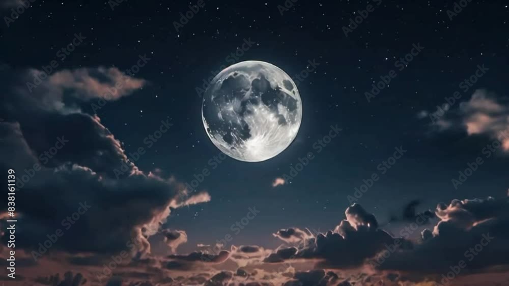 Beautiful realistic flight over lush cumulus clouds in the night moonlight. A large full moon shines brightly on a deep, starry night. Cinematographic scene. Seamless Loop 3D Render
Beautiful realistic flight over lush cumulus clouds in the night moonlight. A large full moon shines brightly on a deep, starry night. Cinematographic scene. Seamless Loop 3D Render
