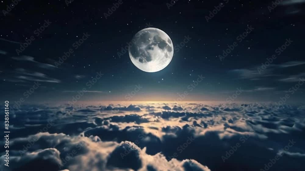 Flying over the deep night timelapse clouds with moon light. Seamlessly looped animation. Flight through moving cloudscape over night city lights. Perfect for cinema, background, digital composition