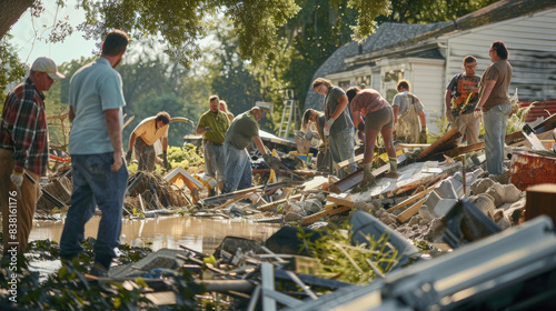 Volunteers working together clearing debris after a flood disaster.