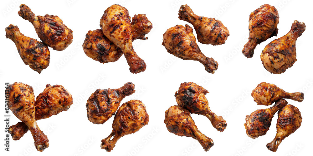 Obraz premium Collection of Jamaican Jerk Fried Chicken Drumsticks isolated on transparent png background. Generative ai