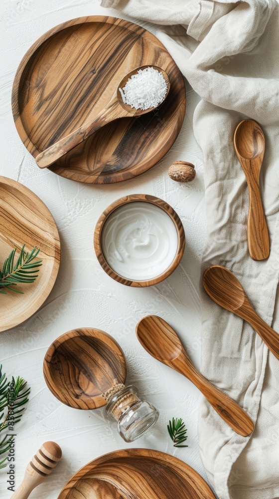 Flat lay of eco-friendly beauty products, natural textures and leaves on a white background with space for copy text Flat lay of eco-friendly beauty products, natural textures and leaves on a white background with space for copy text