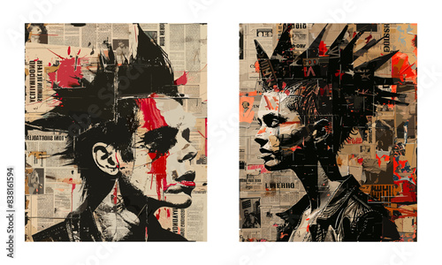 Punk posters. Newspaper clippings art, rocker woman and man grunge collage retro vintage magazines rock music concert y2k contemporary cover vector illustration